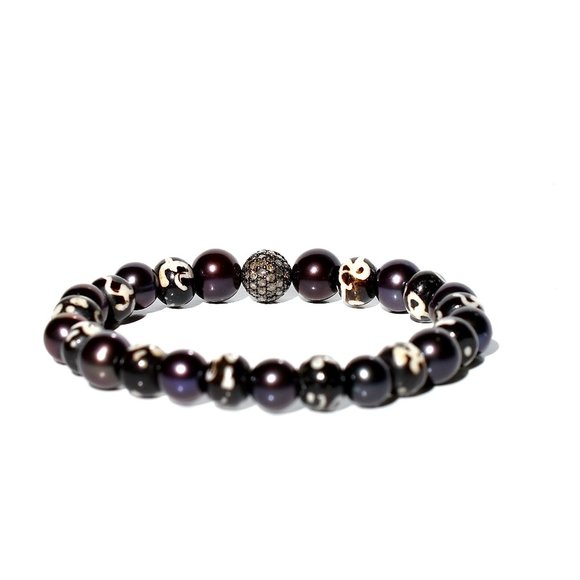 925 Sterling Silver Pave Diamond Black Pearl Stretch Bracelet - Picture 4 of 4
